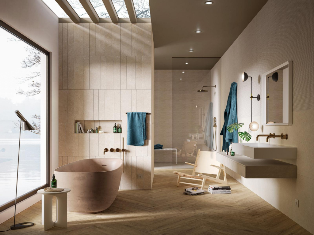 Realizace Dlažba do koupelny Marazzi Vero Natural 11x54cm Chevron