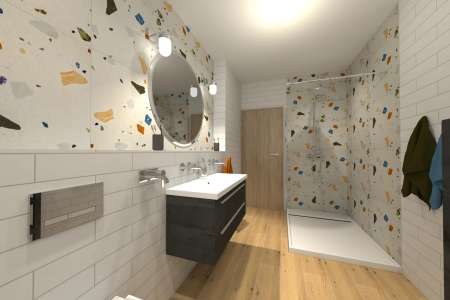 Vizualizace moderní koupelny ve stylu terrazzo v kombinaci imitace dřeva - Cerpa OBI a Sichenia Parkett