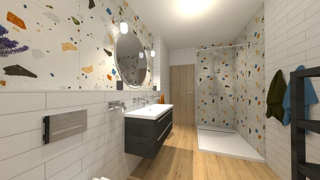 Realizace Vizualizace moderní koupelny ve stylu terrazzo v kombinaci imitace dřeva - Cerpa OBI a Sichenia Parkett