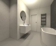 Vizualizace černobílé koupelny s obkladem jako kámen z kolekce Azuvi Neeko a šedou stěrkou na podlaze