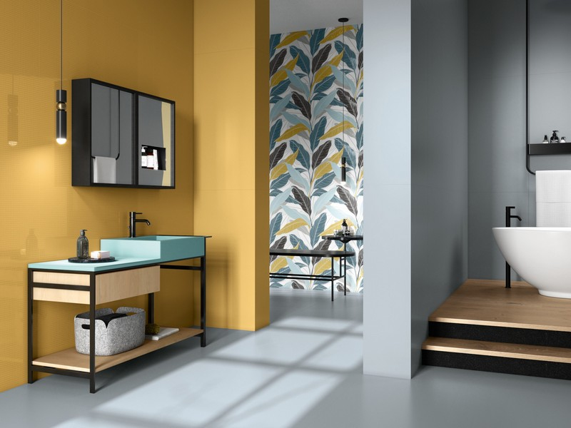 Realizace Žluté obklady APE Tonality Wicker Fortune 60X120 a dekor Wallpaper Tide