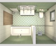 Vizualizace zelenobéžové koupelny s dlažbou Codicer Riviera Nice Green a obkladem Codicer Basic