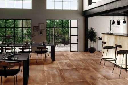 Dlažba v imitaci kovu Sichenia Me_Tal Corten 60x120 Rett. vhodná nejen do restaurací