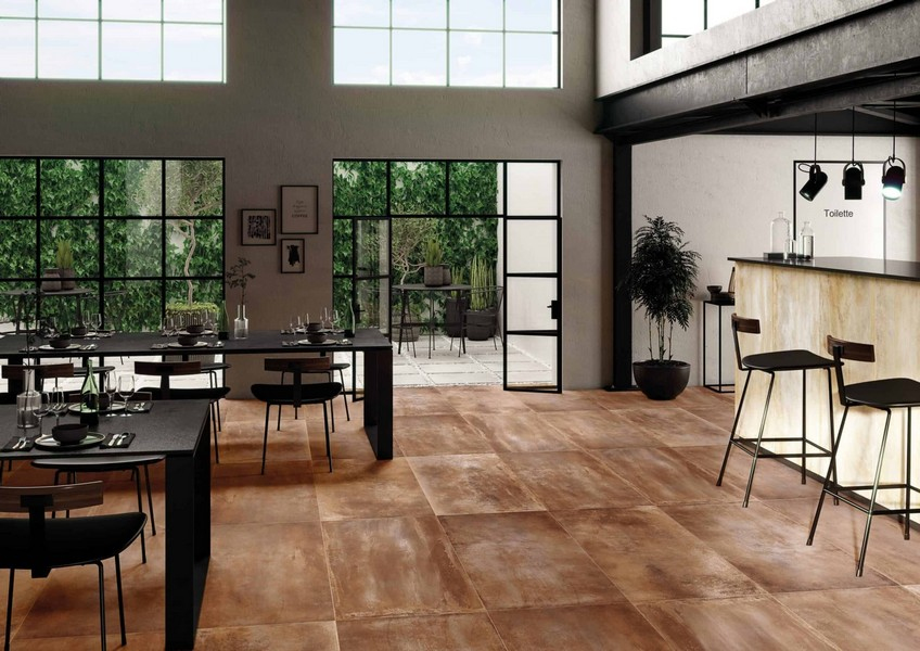 Realizace Dlažba v imitaci kovu Sichenia Me_Tal Corten 60x120 Rett. vhodná nejen do restaurací