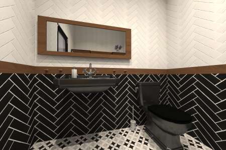 Vizualizace luxusní černobílé koupelny s cihličkovými obklady El Barco a retro dlažbou Elios. Nadčasový design pro moderní i klasické interiéry.