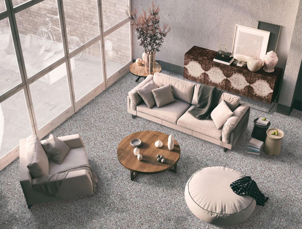 Realizace Obývací pokoj s terrazzo dlažbou Gambini D_Project