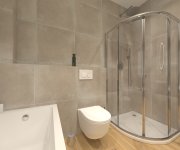 Béžová koupelna s obkladem Cerpa Beton Beige a dlažbou Sichenia Parkett Thun Soft GRIP