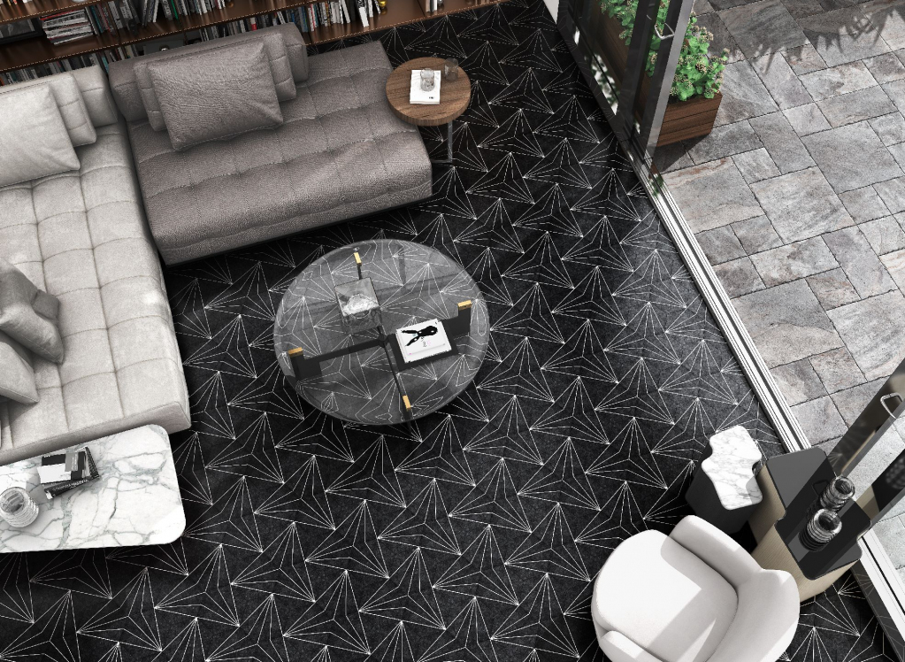 Realizace Moderní černá dlažba Codicer Hex 25 Aster Nero 22x25 Hexagonal