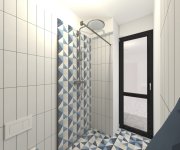 Vizualizace hravé koupelny s modrými obklady a modrou dlažbou Deceram PAM Triangle Blue 22,5x22,5