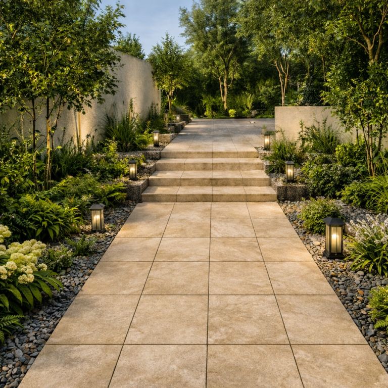 Realizace Zahradní schodiště s dlažbou jako kámen Caesar SLAB2 Khaki 60x60 Rett.