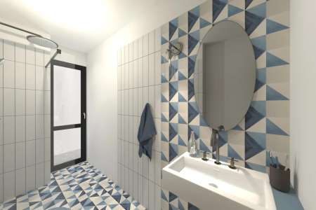Vizualizace modrobílé koupelny s geometrickými tvary s obklady Deceram PAM Triangle Blue 22,5x22,5