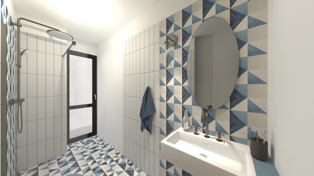 Realizace Vizualizace modrobílé koupelny s geometrickými tvary s obklady Deceram PAM Triangle Blue 22,5x22,5