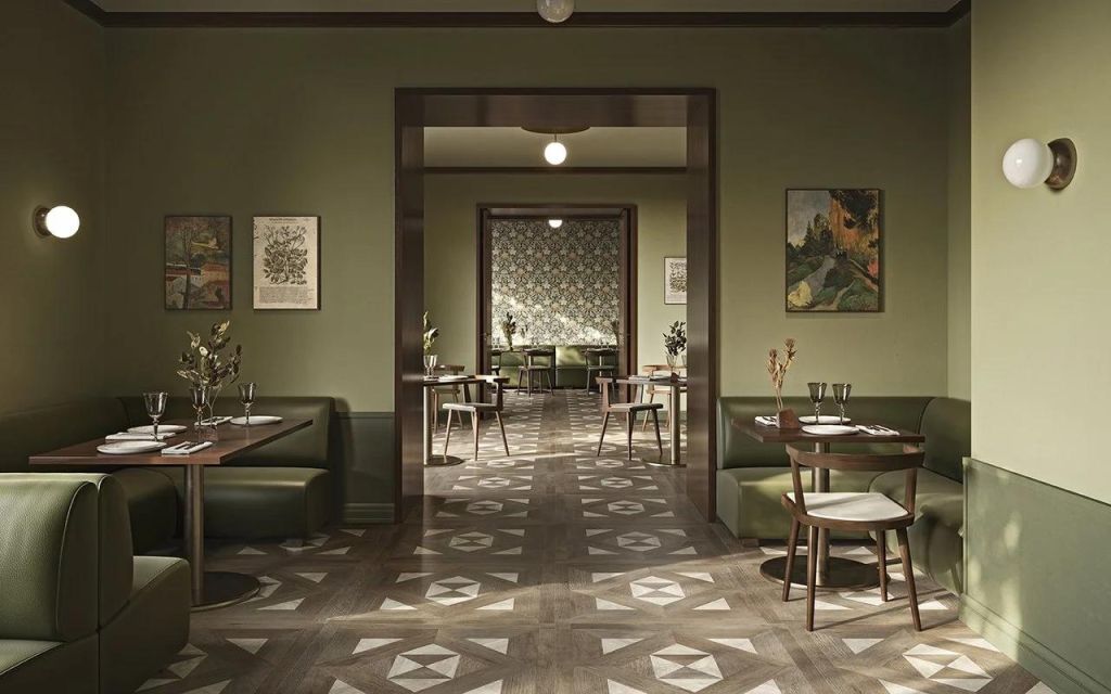 Realizace Povedený parketový vzor v komerčním prostoru (restauraci) Sant Agostino Yorkwood Glam 01 90x90