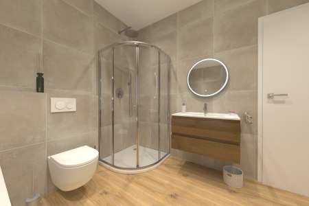 Béžová koupelna s obkladem Cerpa Beton Beige a dlažbou Sichenia Parkett Thun Soft GRIP