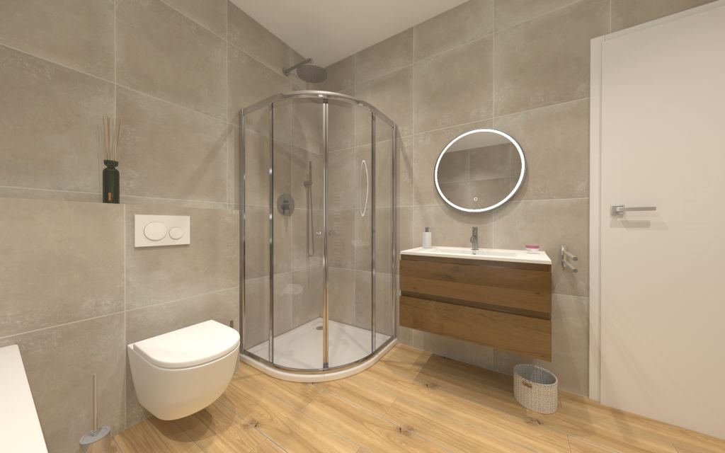 Realizace Béžová koupelna s obkladem Cerpa Beton Beige a dlažbou Sichenia Parkett Thun Soft GRIP