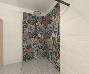 Vizualizace šedobílé koupelny s dlažbou ze série APE Epoca a květinovým vzorem z kolekce APE Silk