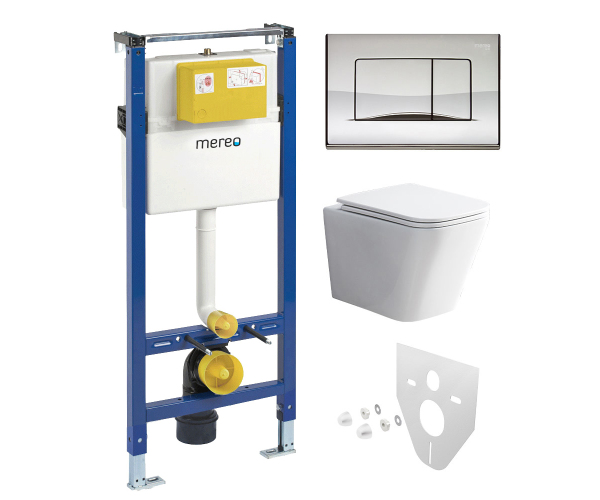 Mereo Wc Set - Rimless Wc Hranaté, Modul Pro Sádrokarton, Chrom Hranaté Tlačítko Lesklé