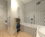 Vizualizace luxusní modrobílé mramorové koupelny s obkladem ze série Del Conca Premiere a dlažbou jako dřevo Sichenia Parkett Linz Soft GRIP