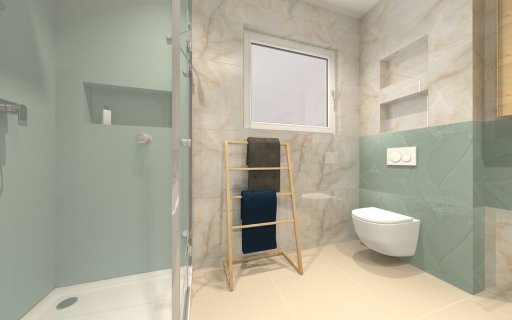 Realizace Zelenobéžová koupelna s kombinací vzorovaného obkladu APE Tonality Tint Turquoisea a obkladu jako mramor Cifre Onix Cream Pulido