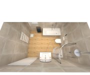 Béžová koupelna s obkladem Cerpa Beton Beige a dlažbou Sichenia Parkett Thun Soft GRIP