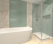 Zelenobéžová koupelna s kombinací vzorovaného obkladu APE Tonality Tint Turquoisea a obkladu jako mramor Cifre Onix Cream Pulido