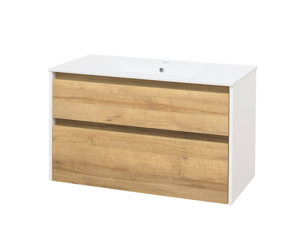 Mereo Opto, Koupelnová Skříňka S Keramickým Umyvadlem 101 Cm, Bílá/dub Riviera