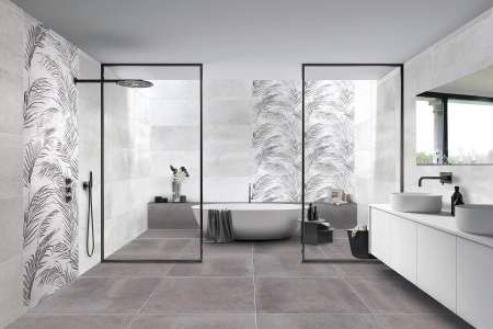 Luxusní koupelna s použitím obkladů s dekorem rostlin Brennero Mood Kenzia White decoro 45x90 doplněná o další produkty téže kolekce
