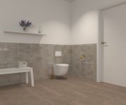 Vizualizace hnědobéžové koupelny s obkladem Bestile Pamesa Patchwork MIX