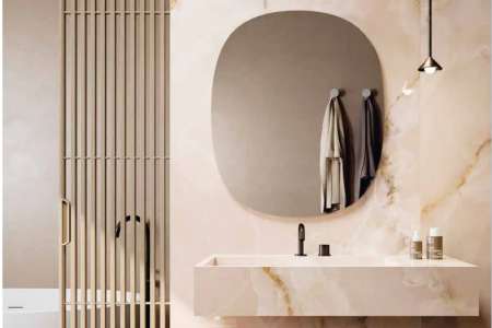 Realizace teplé koupelny Onice Effect Misty Rose ze serie Wide Gress 280