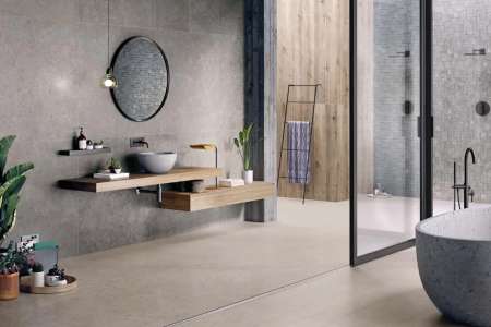 Koupelna vyvedená v sérii Biophilic v barvách Dark Grey a Greige