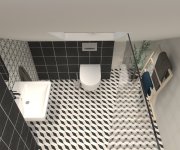 Černobílá podkrovní geometrická koupelna s dažbou a obkladem Paradyz Ceramika Modern