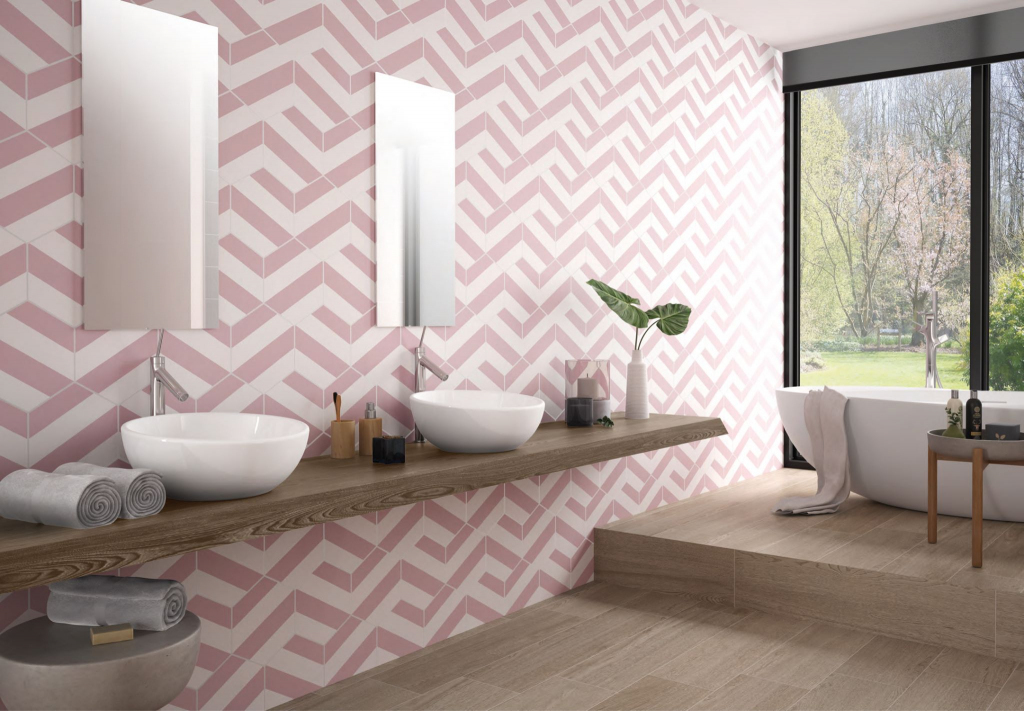 Realizace Řůžový originální obklad Codicer Hex porto Capri Pink