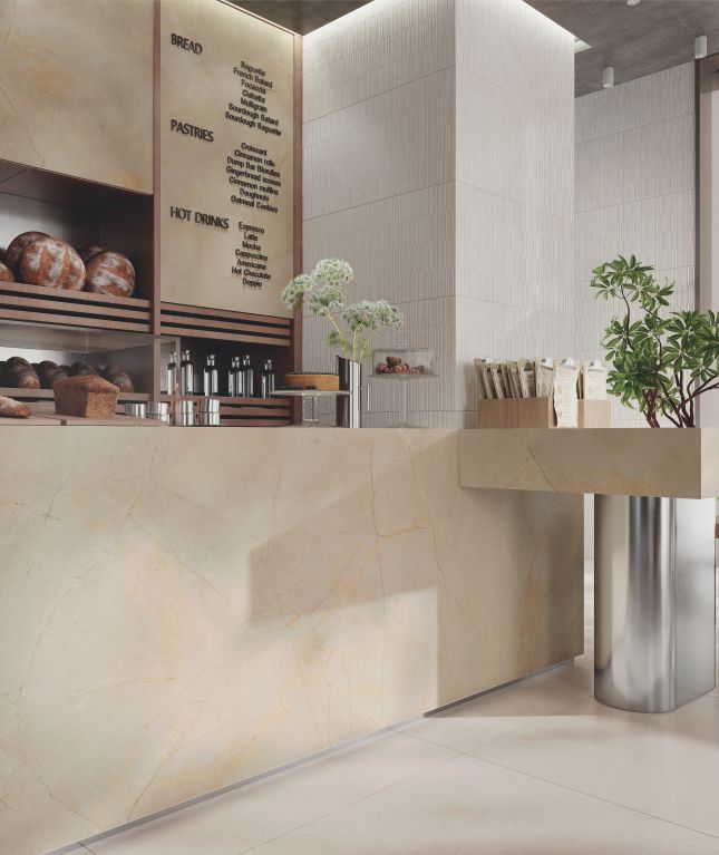 Realizace Gardenia La Geoteca – elegantní kamenný dekor v interiéru kavárny