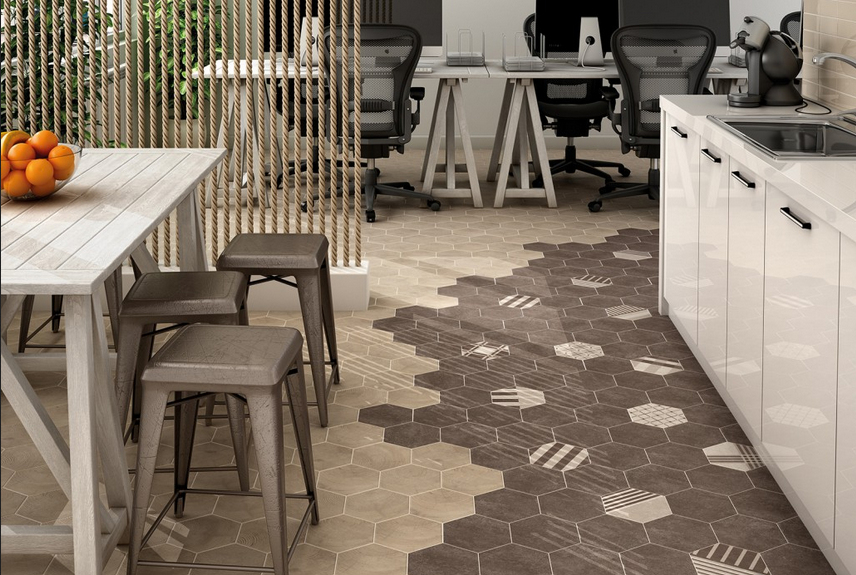 Realizace Béžová a hnědá hexagonální dlažba Equipe Hexatile Cement