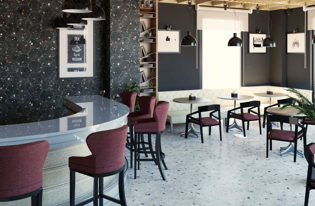 Realizace Luxusní hexagon obklad ve vzhledu terrazzo - Codicer Sonar Dark