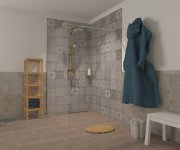 Vizualizace hnědobéžové koupelny s obkladem Bestile Pamesa Patchwork MIX
