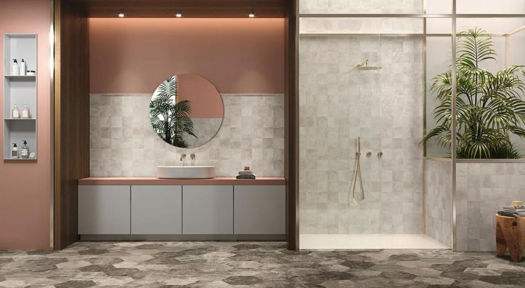 Realizace stylová koupelna v kombinaci hexagonu a čtverce ze serie Colorker Amazonia