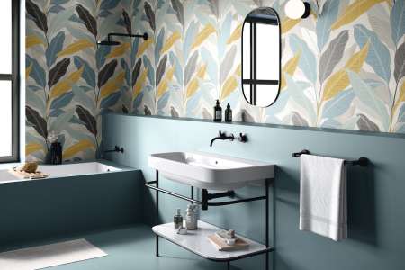 Luxusní obklad do koupelny s dekorem listů APE Tonality Decor Wallpaper Tide 60x120 Rett.