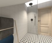 Černobílá podkrovní geometrická koupelna s dažbou a obkladem Paradyz Ceramika Modern