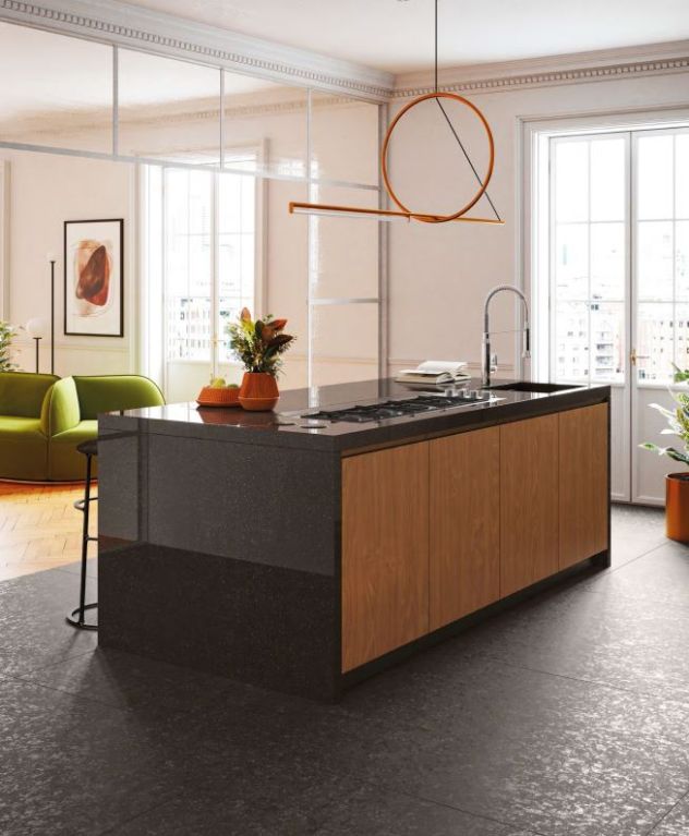 Realizace Tmavá dlažba Gigacer Inclusioni Soave Vulcano Soft 120x120cm