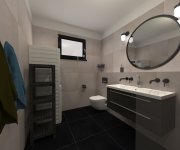 Vizualizace moderní béžovočerné koupelny s obklady ze série Gigacer 6 Concept 1 