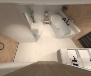 Vizualizace elegantní hnědobéžové koupelny s dlažbou jako kámen Cerdomus Croatia Avorio Safe a obkladem jako dřevo Colorker Wood Story