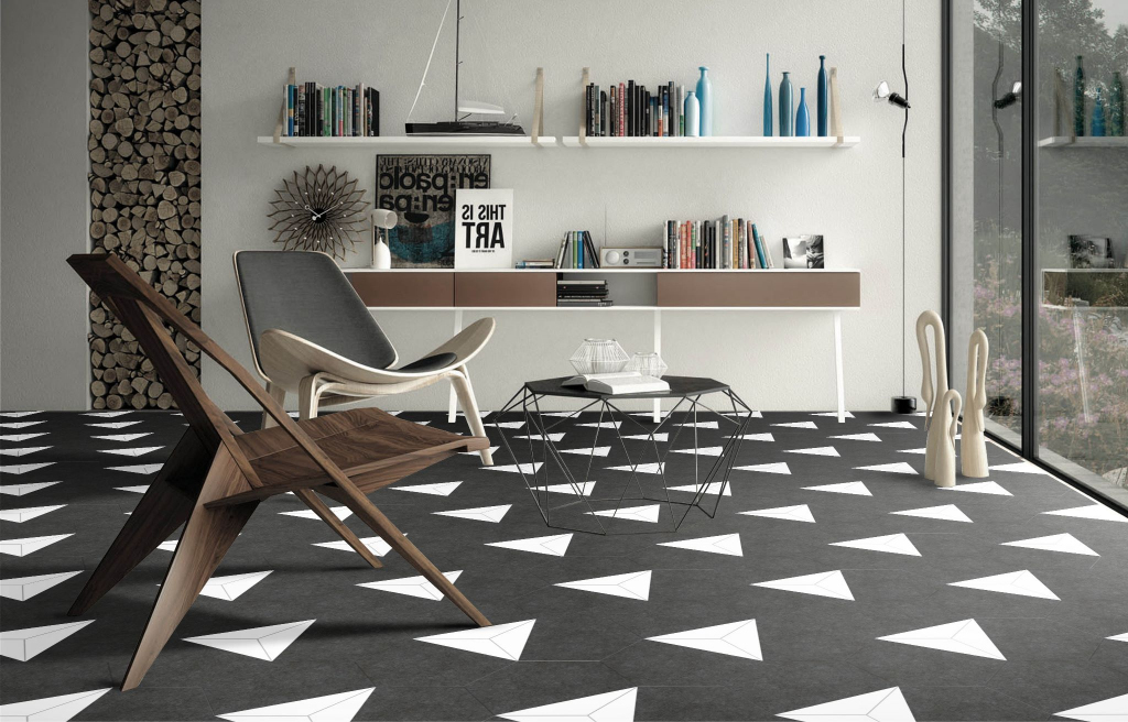 Realizace Černo-bílá dlažba ve tvaru Hexagonal Codicer Hex 25 Peak Blanco
