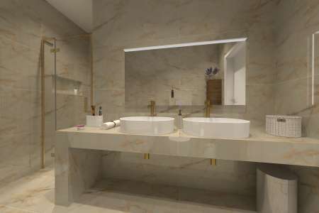 Mramorová koupelna se zlatými doplňky v teplé krémové barvě | Vizualizace