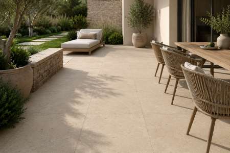 Elegantní terasa s 2cm dlažbou Caesar Jura S. Beige 
