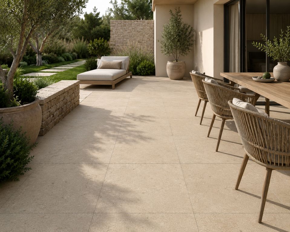 Realizace Elegantní terasa s 2cm dlažbou Caesar Jura S. Beige 