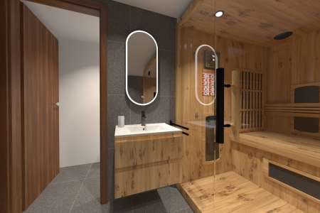 Vizualizace šedočerného domácího wellness s dlažbou a obkladem jako beton Flaviker River Lead 60x60 RT 