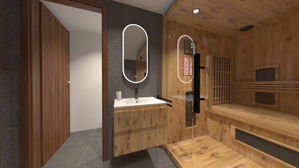 Realizace Vizualizace šedočerného domácího wellness s dlažbou a obkladem jako beton Flaviker River Lead 60x60 RT 