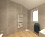 Béžová koupelna s obkladem Cerpa Beton Beige a dlažbou Sichenia Parkett Thun Soft GRIP