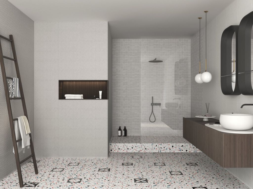 Realizace Moderní KOUPELNA s extravagantní dlažbou terrazzo APE Carmen Trendy